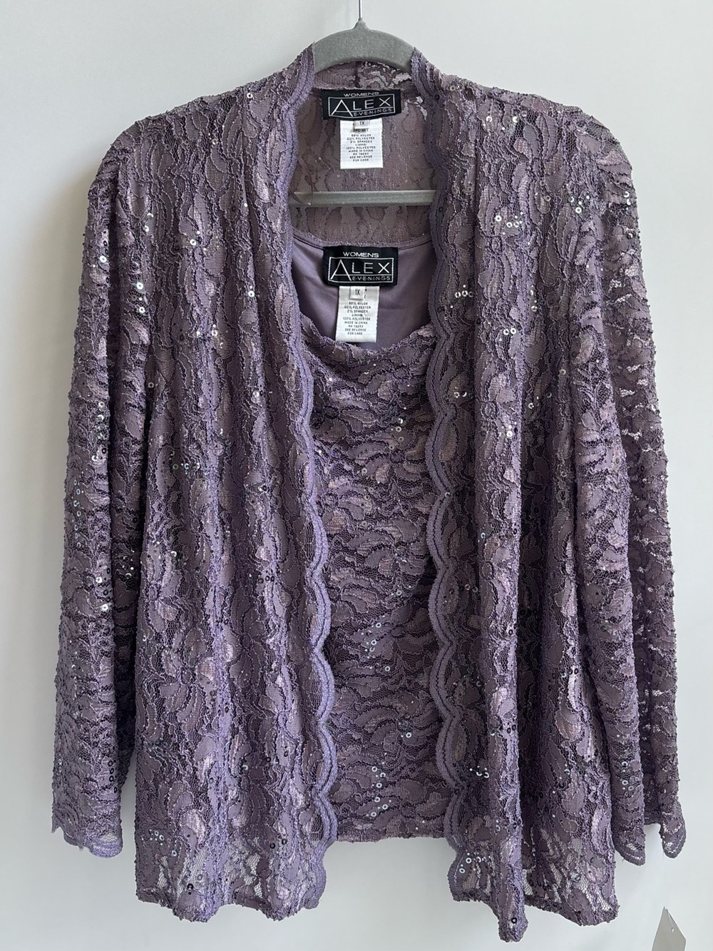 Alex Evenings Lace Sequin Camisole Blazer Open Dress Jacket 2 Pc Set Lavender